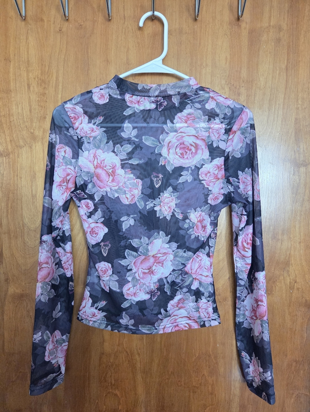 Floral Mesh Long-Sleeve Top - Pink Roses on Black
